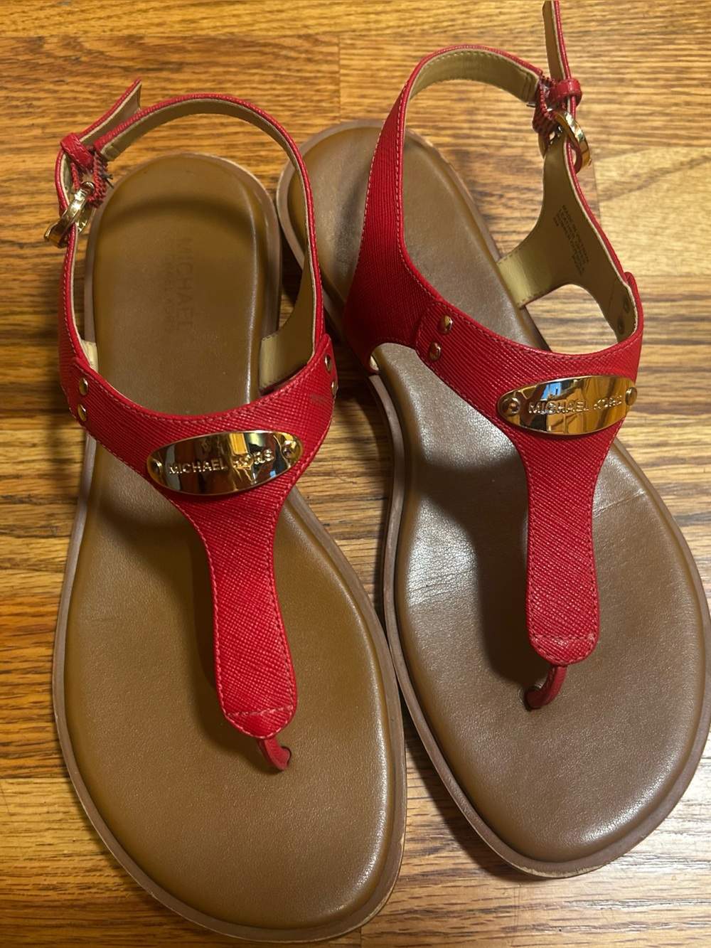 Michael Kors Red T-Strap Leather Sandals with Gold Logo